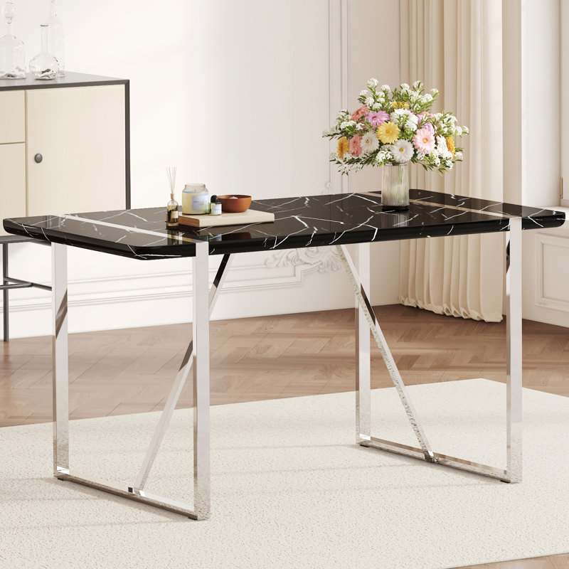 Table de salle à manger avec bureau noir, 55 po x 31,5 po x 30 po, pieds galvanisés, cuisine, terrasse, pièce, bureau, pour 4 à 6 personnes en noir, personnes, fonction d'affichage en métal