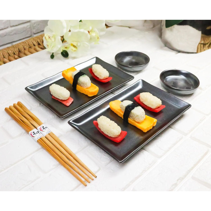 Tetsu Kesho Porcelain Sushi Plates Sauce Dishes Chopsticks Dinnerware Set For 2, Black