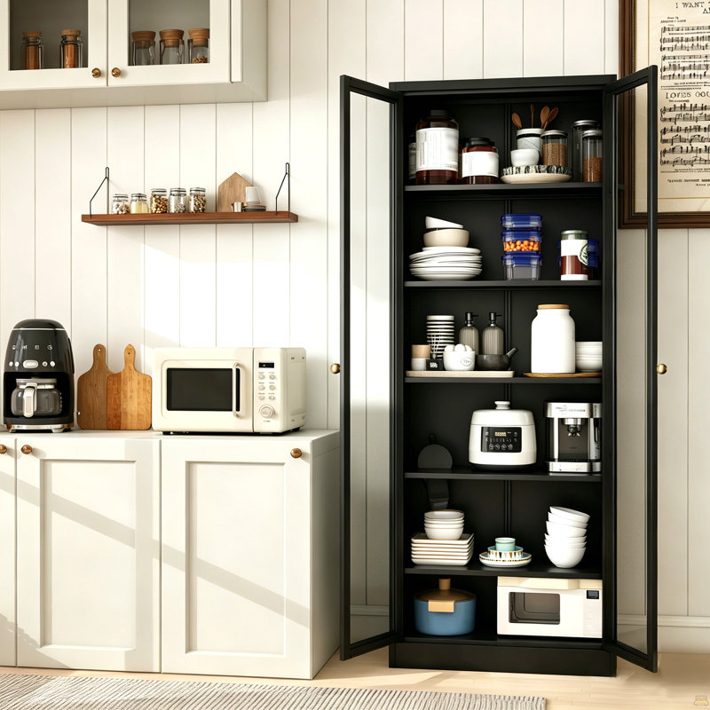 Armoire de cuisine en métal - 72 po de hauteur avec 5 tablettes réglables, armoire autoportante noire pour cuisine / garde-manger / salle de bain
