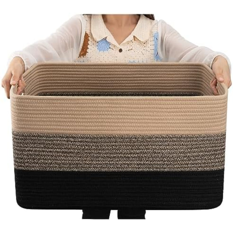 Large Blanket Basket, 22”X17”X12” Rectangle Woven Baskets, Nursery Blanket Storage Living Room, Toy Storage With Handle, Large Baskets For Organizing-Yellow Black