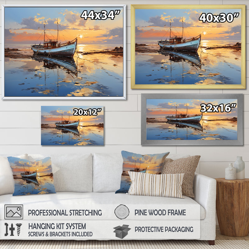 Lever du soleil sur le bateau au bord du lac - Bateau côtier, art mural, Cadre flottant doré, H 12 po x l 20 po x P 1 po