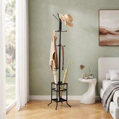 Portemanteau autoportant avec fonction de rangement de parasol pour vestibule et chambre à coucher, porte-manteau en métal à plusieurs crochets avec structure stable