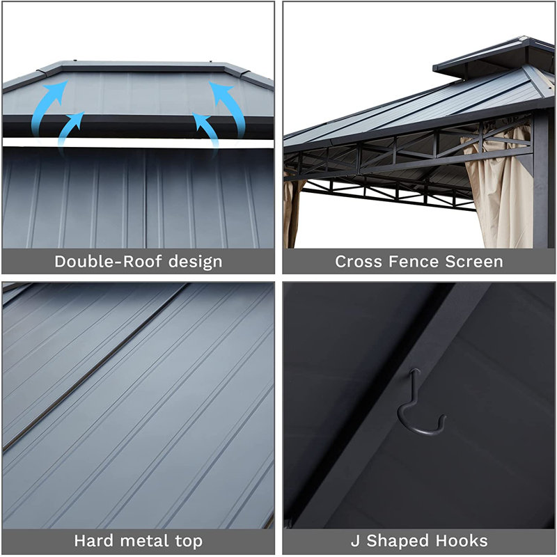 10' x 12' Gray Aluminum Hardtop Patio Gazebo with Curtains