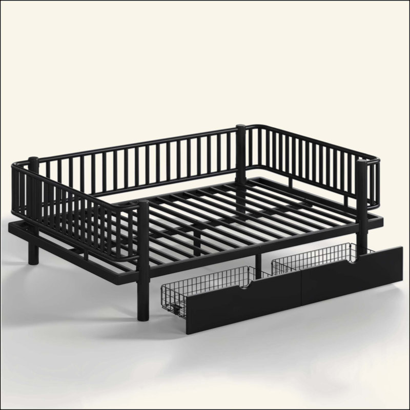 Lit plateforme avec tiroirs de rangement, structure de lit de jour en métal avec conception de tuyau rond de sécurité améliorée, conception à profil bas