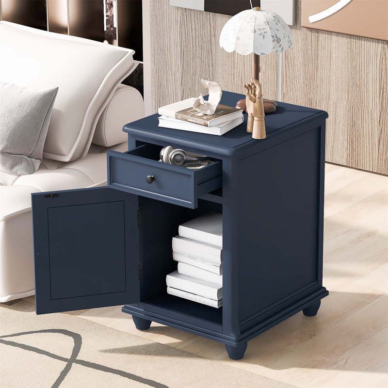 Table de bout avec pieds en bois massif, ports USB, 1 armoire et 1 tiroir, Bleu marine antique