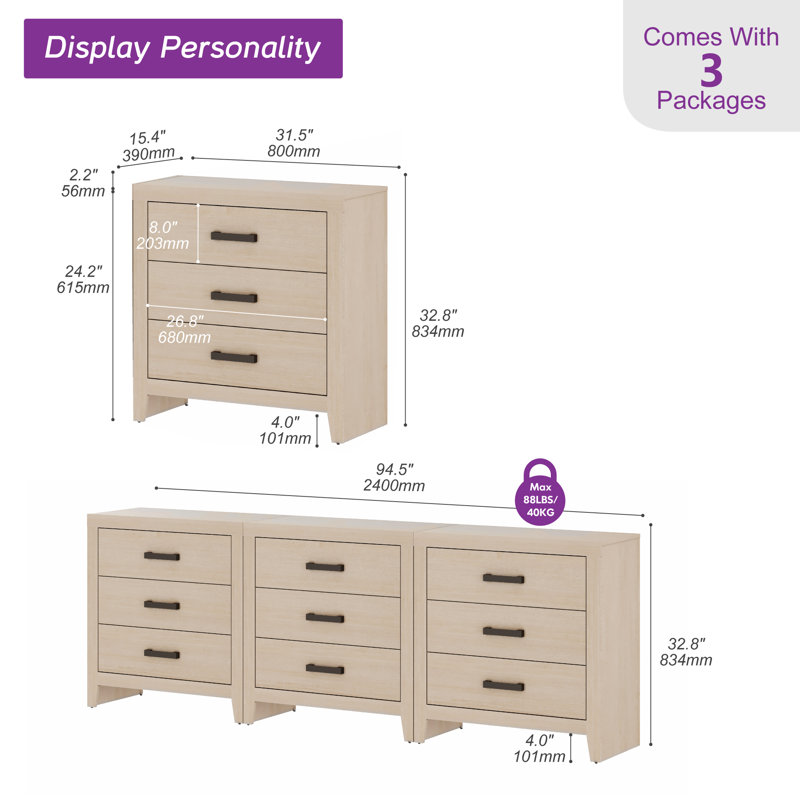 Farmhouse 3 Drawer Dresser Set Of 3, Large 9 Drawer Dresser For Bedroom, Wooden Chest Of Drawers Closet Storage Organizer For Bedroom, Hallway, Living Room, Living Room, Hallway, Beige