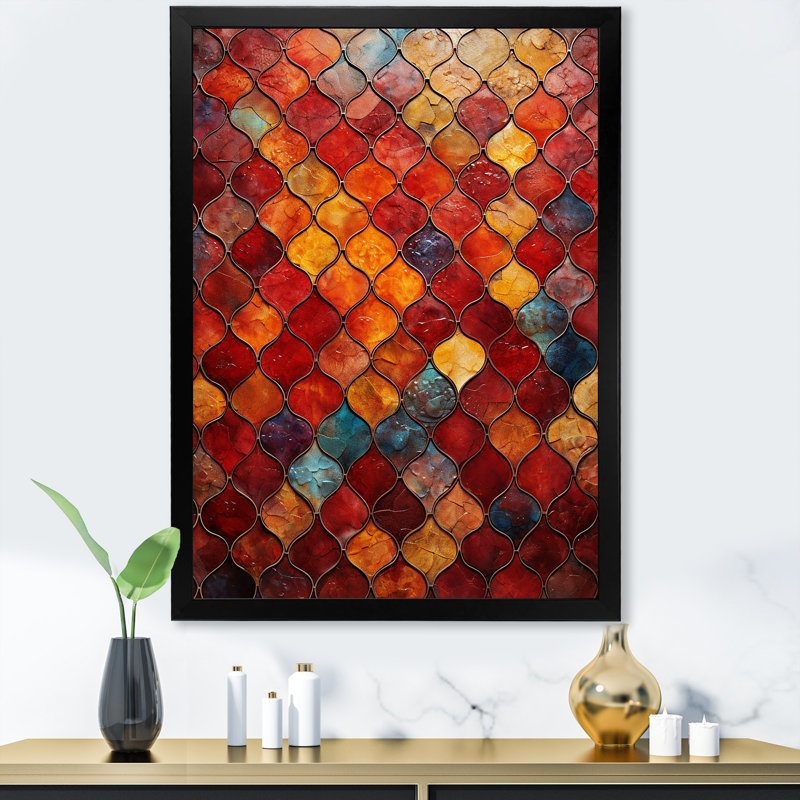 Carreaux marocains élégants orange et jaunes 2 - art mural abstrait, Cadre photo noir, H 44 po x l 34 po x P 1,5 po