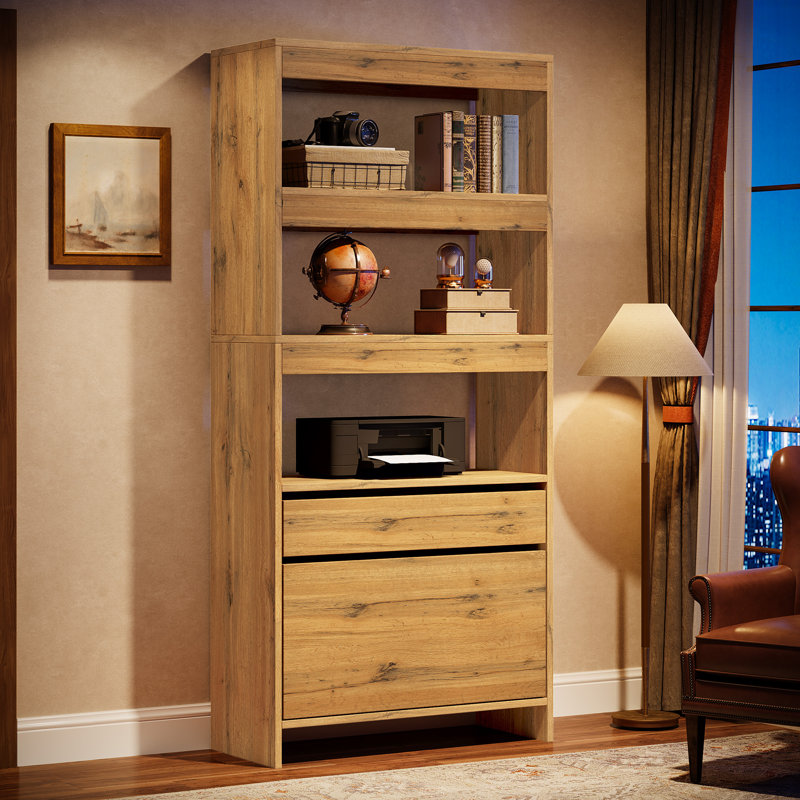 Tall Bookshelf with Storage Drawers,Modern Bookcase with File Cabinet