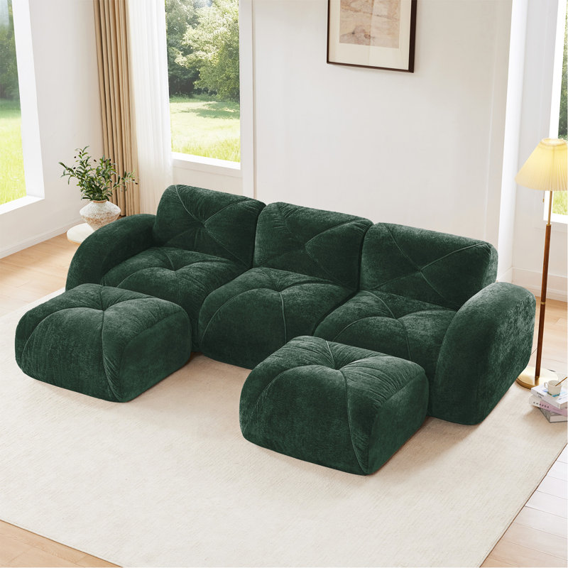 Canapé en forme de U sans os, conception capitonnée, éponge haute densité 32D, conception antidérapante inférieure, aucun assemblage requis, combinaison libre, repose-pieds mobiles pour le bureau et le cinéma maison, vert