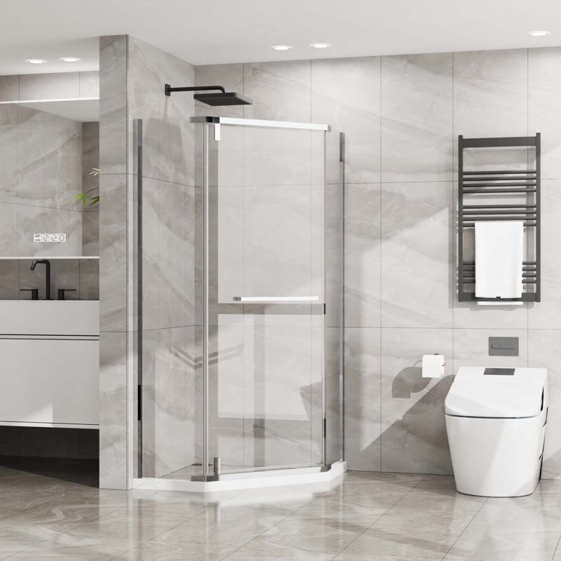 Neo-Angle Frameless Shower Door,Corner Shower Enclosure With Clear SGCC Tempered Glass Pivot Shower Door, White