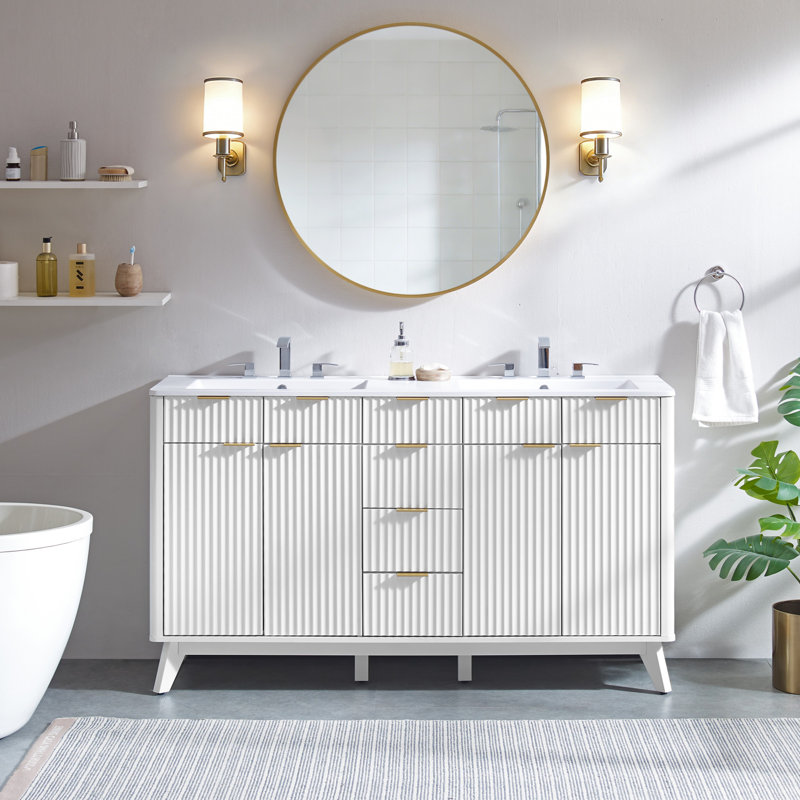 60'' Free Standing Double Bathroom Vanity With Engineered Stone Top, Soft-Close Doors, White