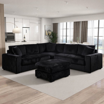 Burwell 99" W Corduroy Upholstered Sectional with Ottoman, 6-seater Sectional Sleeper Sofa Bed, Black