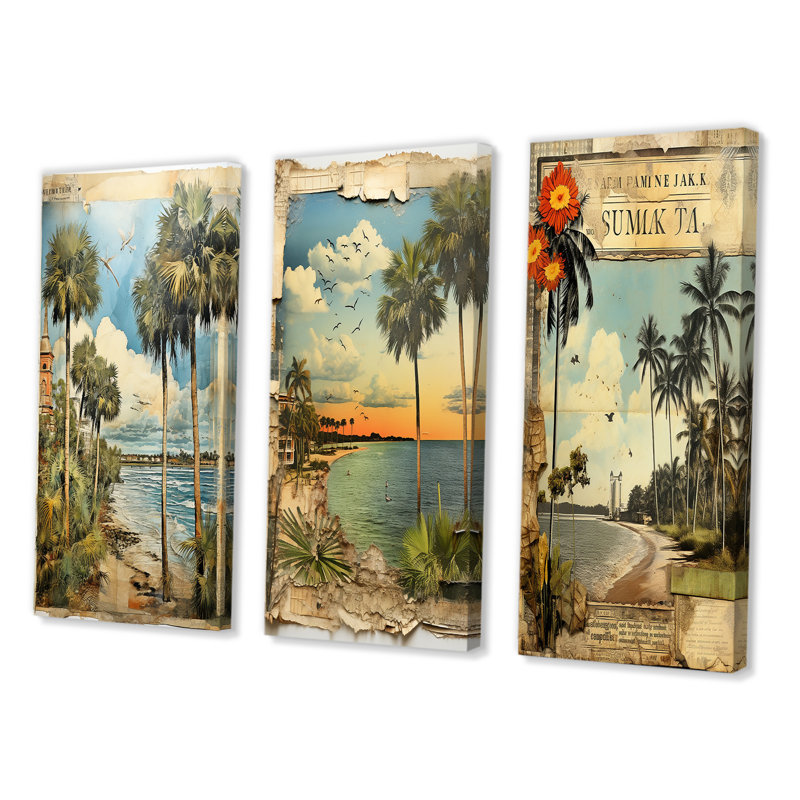 «Vintage Florida Collage Palm Trees and Beach II», 3 pièces sur toile, Toile tendue, H 28 po x l 36 po