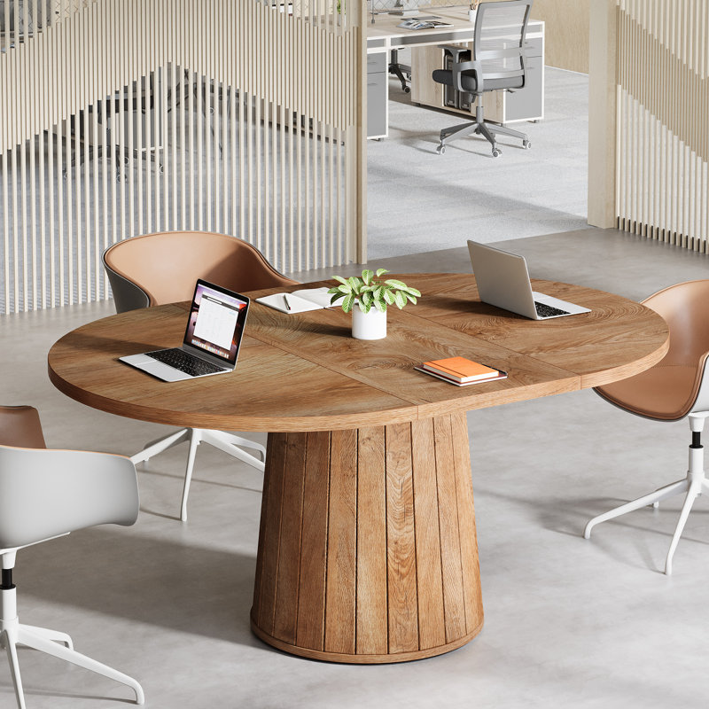 55" Oval Conference Table with Wood Base for 6 People