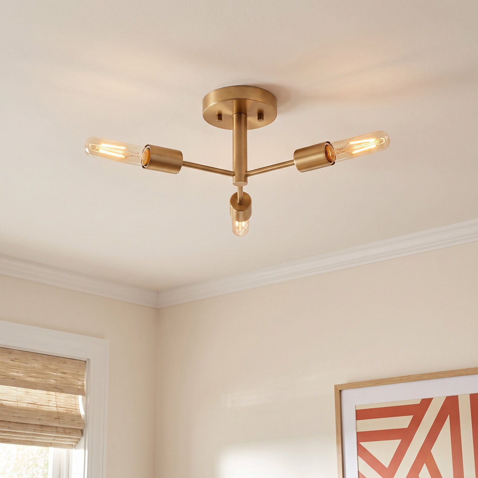 Leto 13" 3-Light Semi Flush Mount, Satin Brass