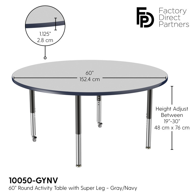 Table ronde à hauteur réglable, H 24 po x L 60 po x l 60 po, Gris / bleu marine, Super