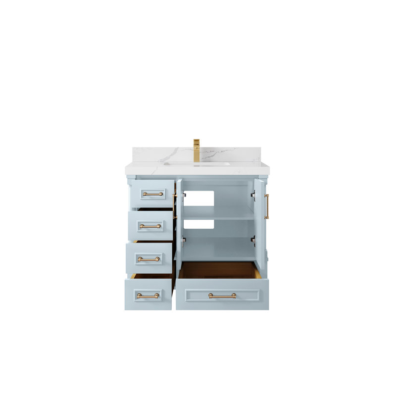 Aberdeen X P 22 po Meuble-lavabo de salle de bain central D avec quartz Calacatta Laza, Bleu / doré brossé, Calacatta Laza