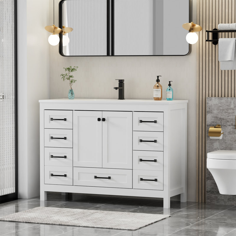 48" Modern Single Bathroom Vanity With Sink Top, Faucet,bathroom Cabinet Shelf With Drawers And Doors, White