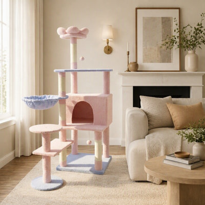 Arbre à chat charmant avec grand condo, coussin amovible et hamac pour un confort et un jeu félins
