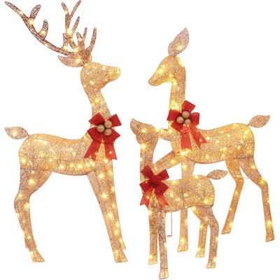 3-Piece Christmas Reindeer Family Set, 54" 3D Gold Woven Mesh Deer Yard Decor
