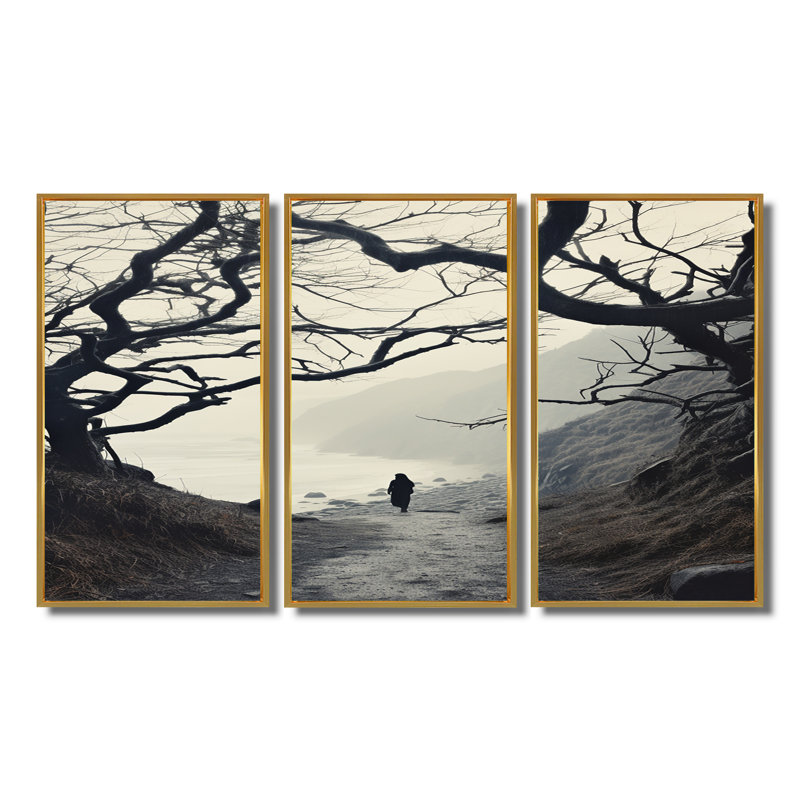 «Country Road Desolate Winter Landscape - campagne», ensemble de reproductions d'art mural, Cadre flottant doré