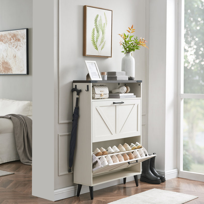 Flip Door Shoe Storage Cabinet with Adjustable Shelves, White Wood, 4