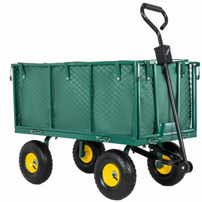 Chariot de jardin en acier surdimensionné 3-en-1 surdimensionné avec panneaux latéraux détachables, doublure en tissu amovible et plateau à outils en filet en prime, chariot utilitaire tout-terrain pouvant supporter jusqu'à 880 lb pour l'aménagement paysager de la pelouse et le transport extérieur, vert
