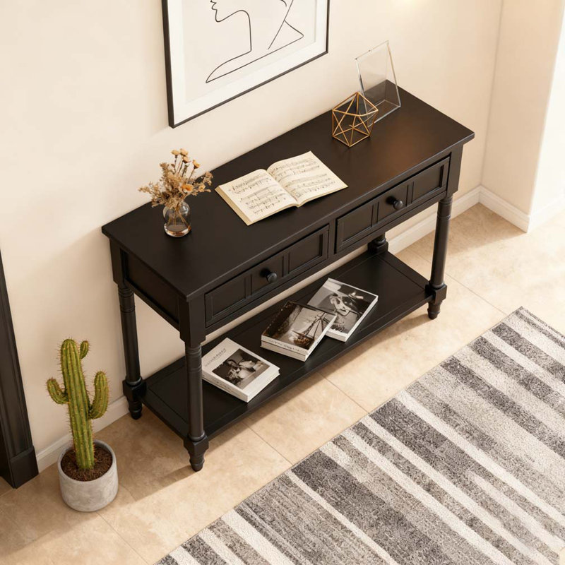 Console de style traditionnel avec deux tiroirs et une tablette inférieure, Noir