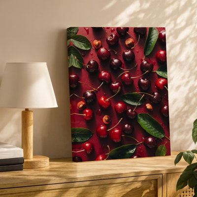 Canvas A Vibrant Flat Lay Composition Featuring Freshly Picked Cherries Scattered Wall Art Across A Smooth Deep Red Surface The Canvas Wall Art