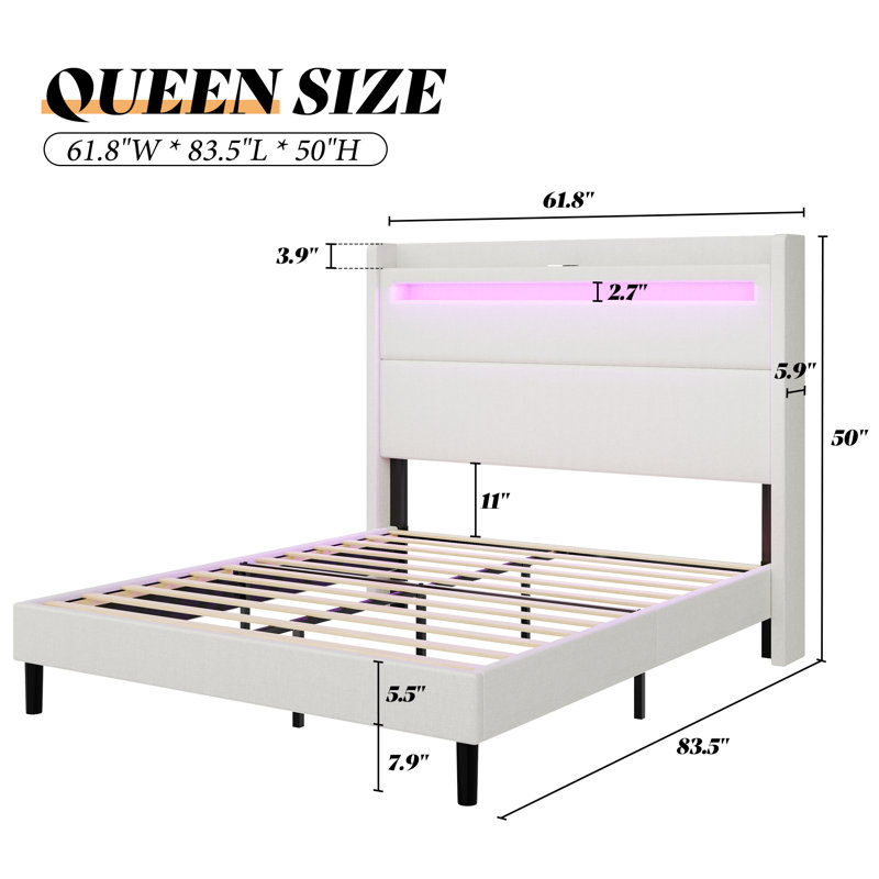 Grand lit plateforme tapissier 50 "avec lumières DEL Cendi, blanc, Blanc, Grand lit