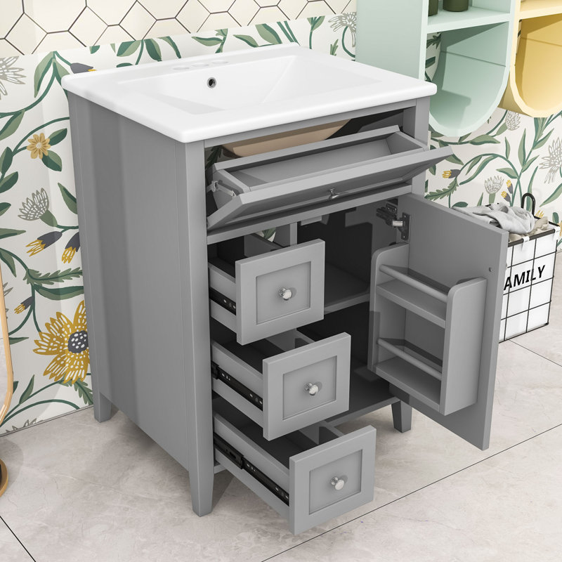 Meuble-lavabo de salle de bain avec lavabo, tiroirs de rangement et tablette réglable, Gris
