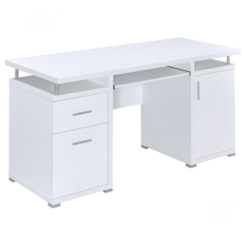 Rochelle White Computer Desk With 2 Drawers And Cabinet