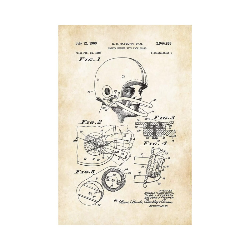 Casque de football par brevet77 - reproduction de dessin sur toile tendue, H 26 po x l 18 po x 1,5 po