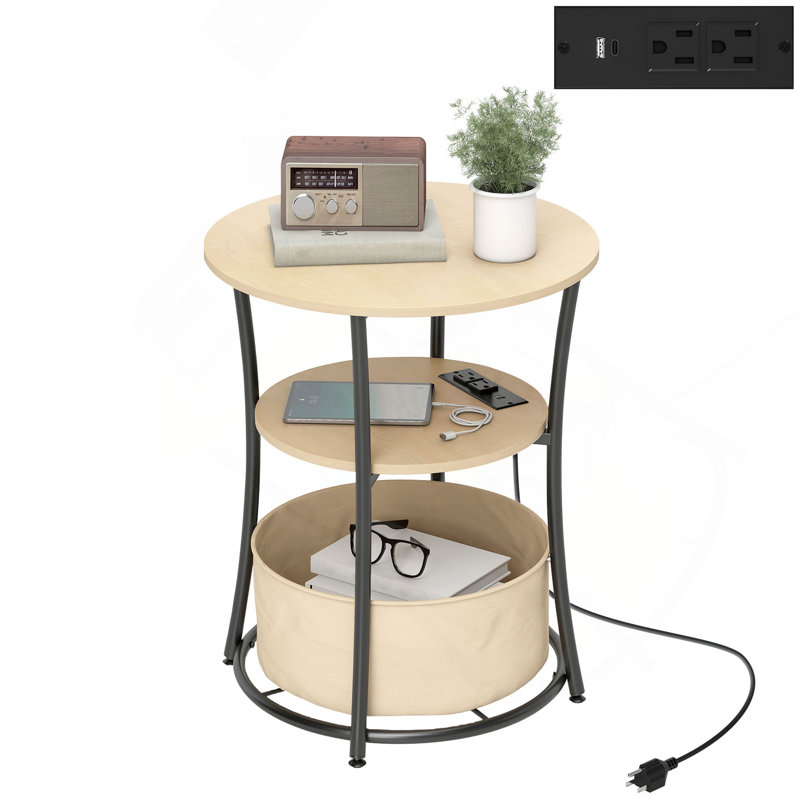 Table basse Table d'appoint ronde avec station de charge, table de bout à 3 niveaux avec sac de rangement en tissu et tablette, bois naturel