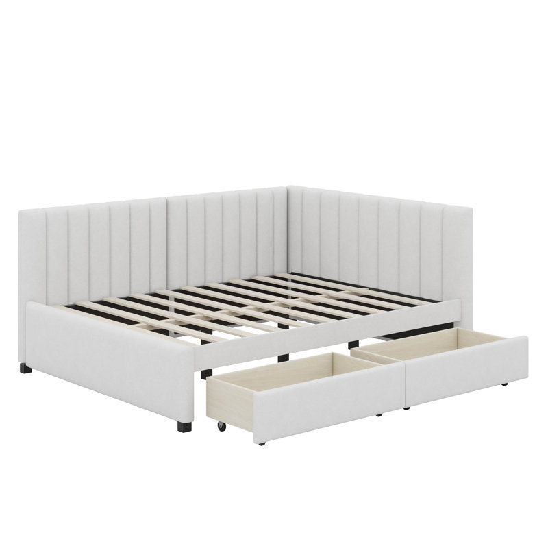Full Size Upholstered Daybed With Storage Drawers, Beige