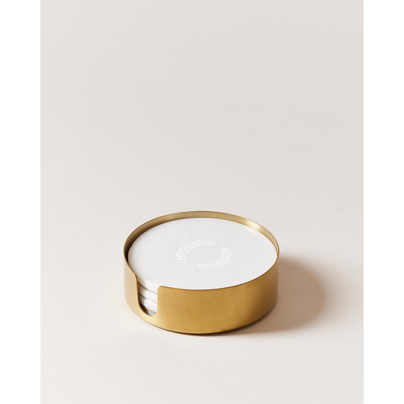 Laurel Marble Round Coaster Set With Holder