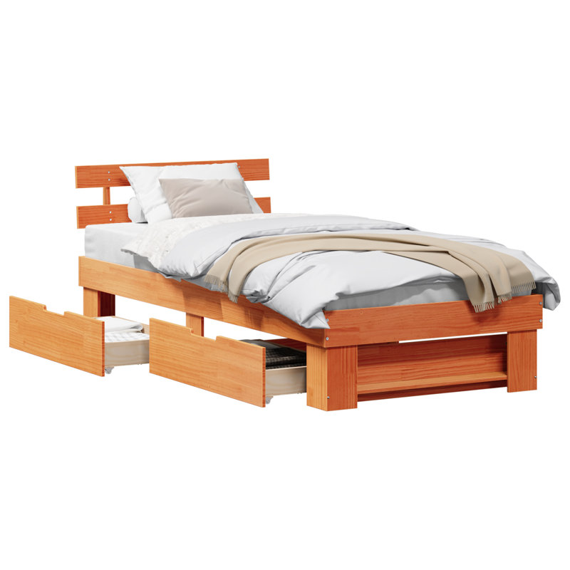  With Drawer With Headboard With Storage Solid Pine Wood, European Single (90 x 200 cm), Wax Brown