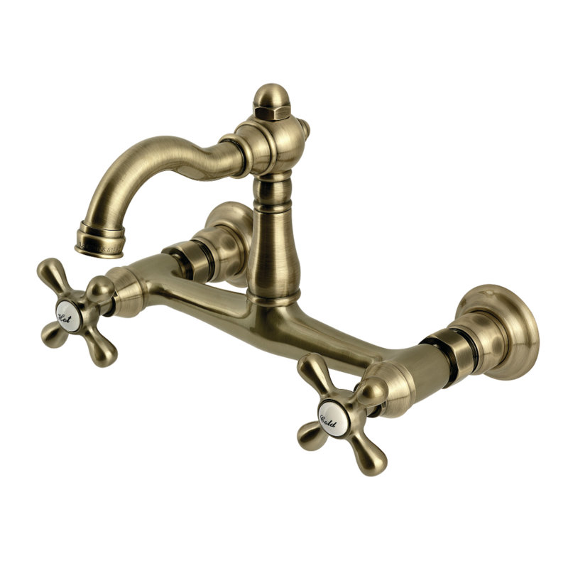 Kingston Brass Vintage Double-Handle 2-Hole Wall-Mount Bridge Kitchen Faucet, Antique Brass