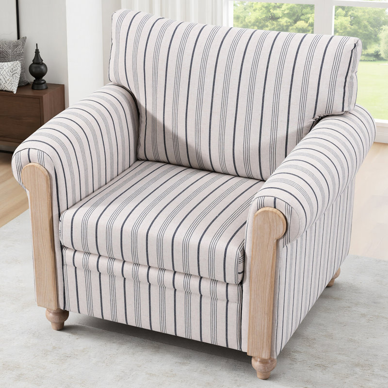 1 siège avec rayures bleues et blanches, accoudoir à accoudoirs roulés, dossier en mousse PP confortable, siège rembourré en éponge à ressorts, coussin amovible, cadre en bois de pin multi-couches, support de pieds en bouleau, 37,4 pouces