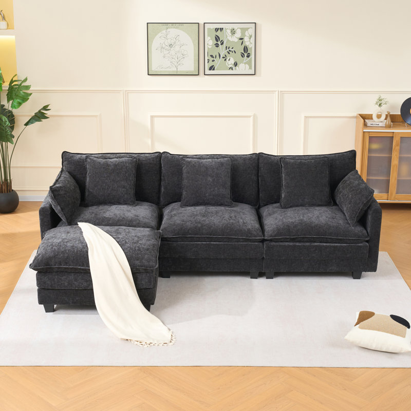Seat Sectional Sofas with Movable Ottoman, Chenille Upholstery, Modern Home