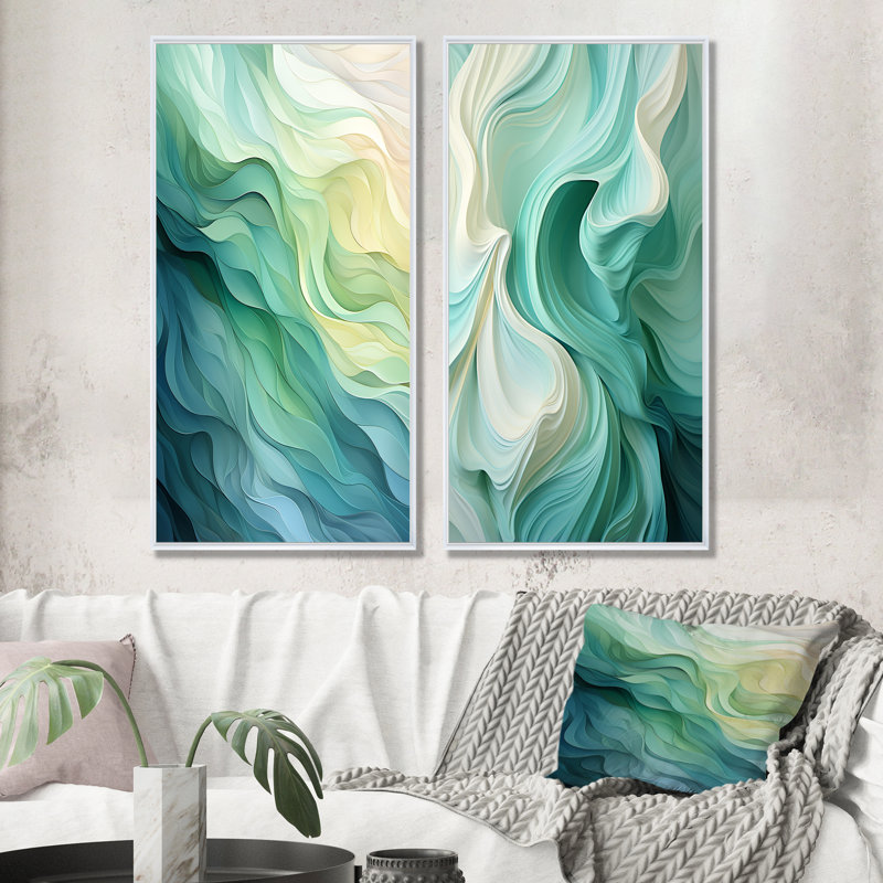 «Gree And White Sway Wave Serenity I», ensemble de 2 reproductions d'art abstrait, Cadre flottant blanc, H 40 po x l 41 po