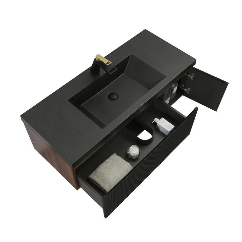 Ensemble de meuble-lavabo flottant mural 48 po en noyer fumé avec plateau en quartz noir, 48"