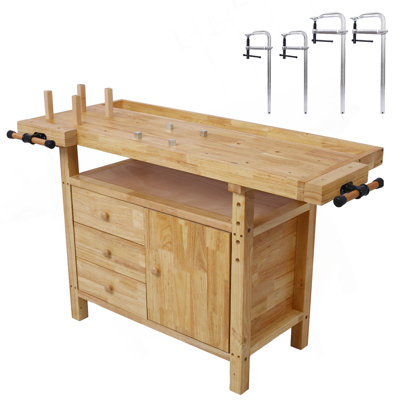 Wood Workbench - Wooden Workbench For Garage Workshop And Home, With Bar Clamps Set  2 Pcs 12 Inch X 3Inch+ 2Pcs 16Inchx4-3/4" ,4Pcs Pack