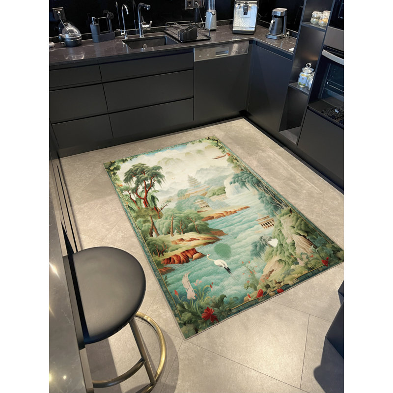 Tapis décoratif à motif de rivière, de forêt et de cigogne Gobelin, Rectangle 5 pi 1,02 po x 7 pi 6,55 po