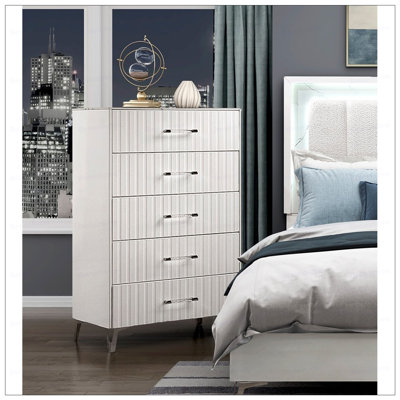 Glam  Chest of 5x Storage Drawers Faux Marble Laminated Top Chrome Metal Legs Bedroom Furniture
