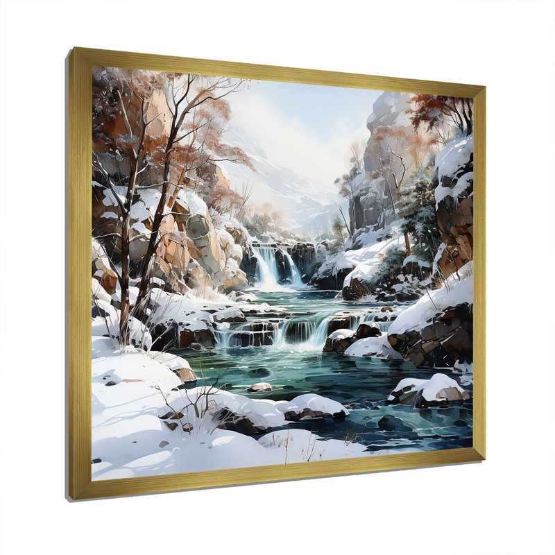 «Waterfall Charm In Winter II», reproduction sur toile, Cadre doré simple, H 24 po x l 24 po x P 1 po