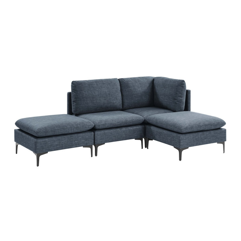 Linen Upholstered Modular Sectional With Metal Legs, Dark Blue