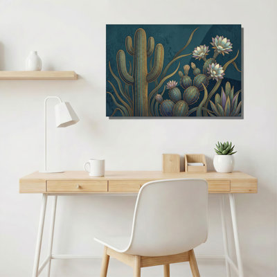 Toile dorée avec cactus et plantes grasses sur toile bleu sarcelle