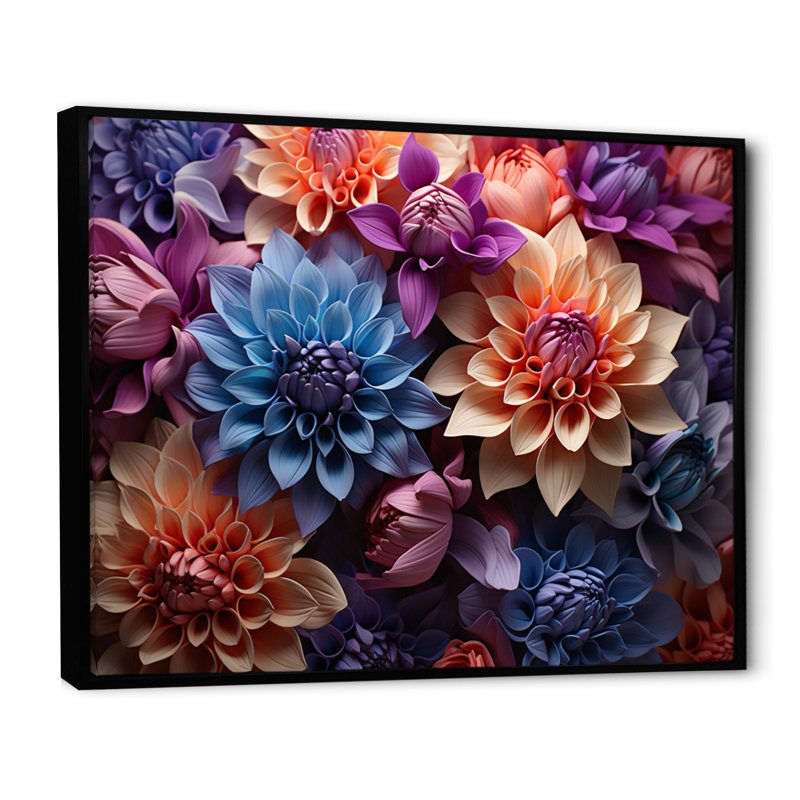 Dahlia Field Vibrant Composition I - impressions sur toile florales, 30" H x 40" W, Cadre flottant noir