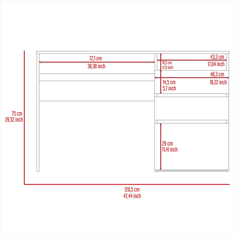 Bureau d'ordinateur avec rangement pour bureau personnel, panneau de particules noir profond, 47,4 po de largeur avec 3 tiroirs et tablette